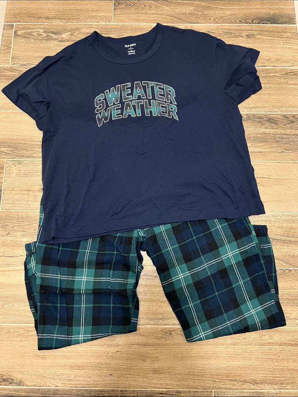 Old Navy Navy Graphic Tee with Green Plaid Pajama Pants